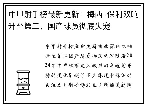 中甲射手榜最新更新：梅西-保利双响升至第二，国产球员彻底失宠