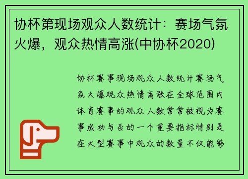 协杯第现场观众人数统计：赛场气氛火爆，观众热情高涨(中协杯2020)