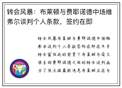 转会风暴：布莱顿与费耶诺德中场维弗尔谈判个人条款，签约在即