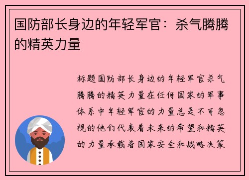 国防部长身边的年轻军官：杀气腾腾的精英力量