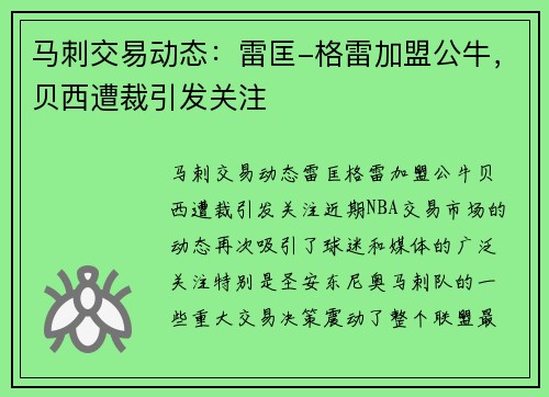 马刺交易动态：雷匡-格雷加盟公牛，贝西遭裁引发关注