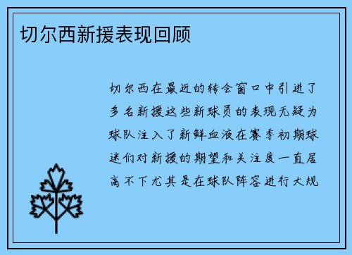 切尔西新援表现回顾