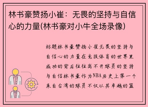 林书豪赞扬小崔：无畏的坚持与自信心的力量(林书豪对小牛全场录像)